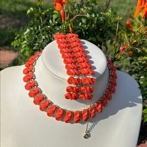 Rare Coro Pegasus Orange Beaded Necklace and Bracelet Set